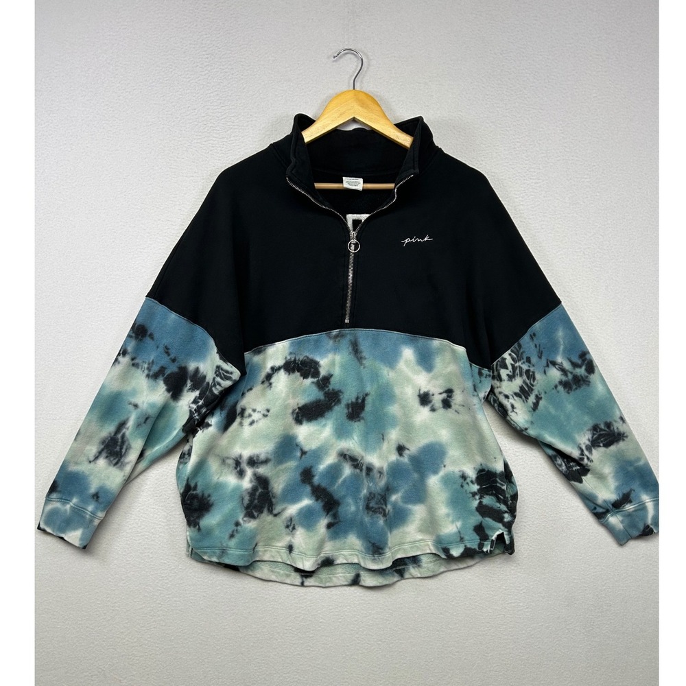 Athleisure Y2K PINK Victoria's Secret Womens L Black Blue Tie Dye Quarter Zip